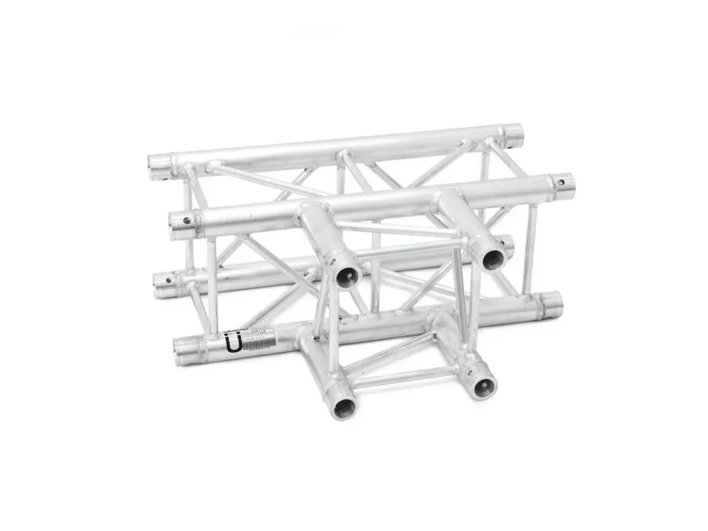 Silbernes 3D-Bühnentruss-System mit mehreren Verbindungspunkten.