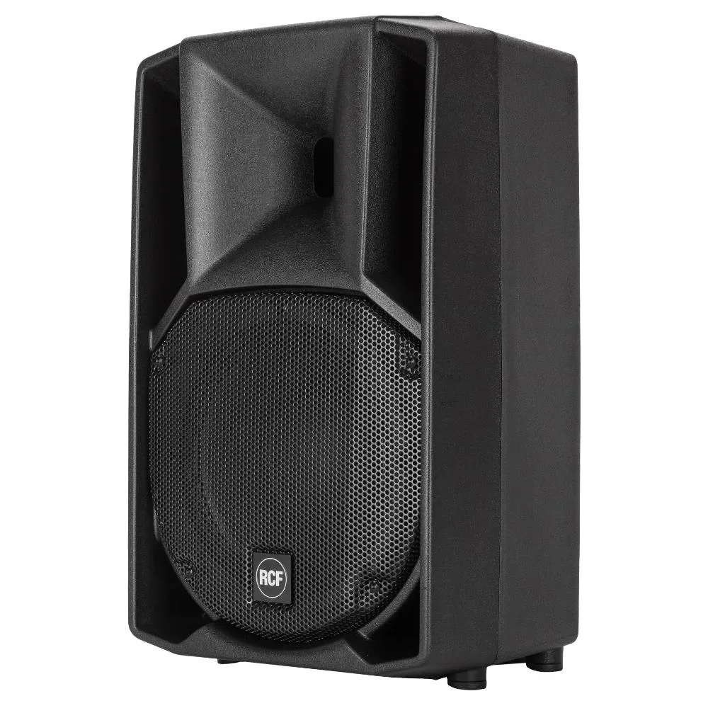 RCF Lautsprecher, schwarzes Gehäuse, Vorderansicht, Hochleistungs-Soundequipment.