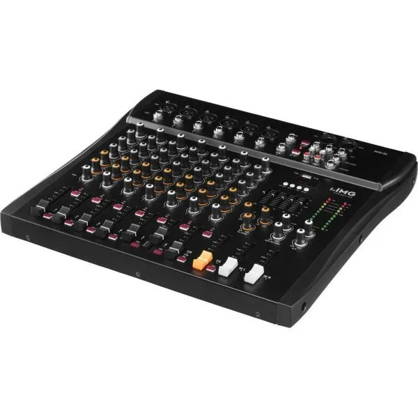 IMG Stage Line Mixer mit mehreren Kanälen und Bedienelementen auf schwarzem Bedienfeld.