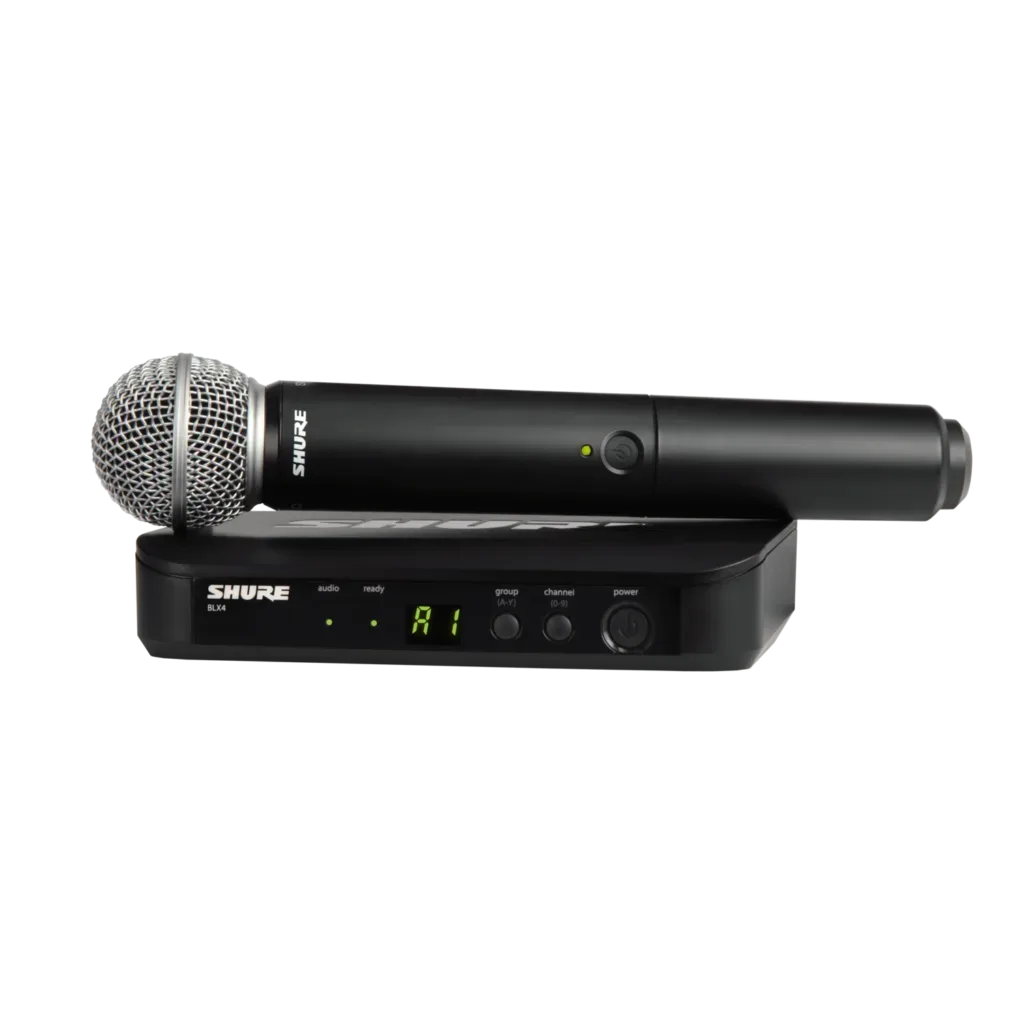 Shure Mikrofon mit Empfänger auf schwarzem Hintergrund, Teil von Danyssoundlight Leistungsbild.