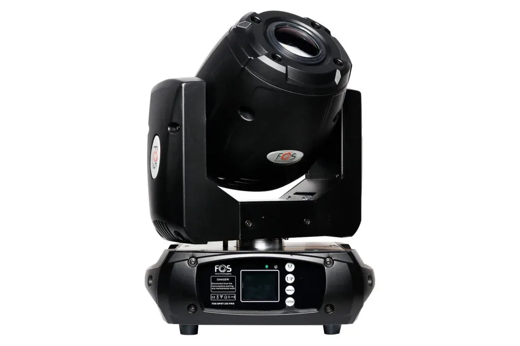 Schwarzes Moving-Head-Licht von FOS mit LED-Display und Drehmechanismus.