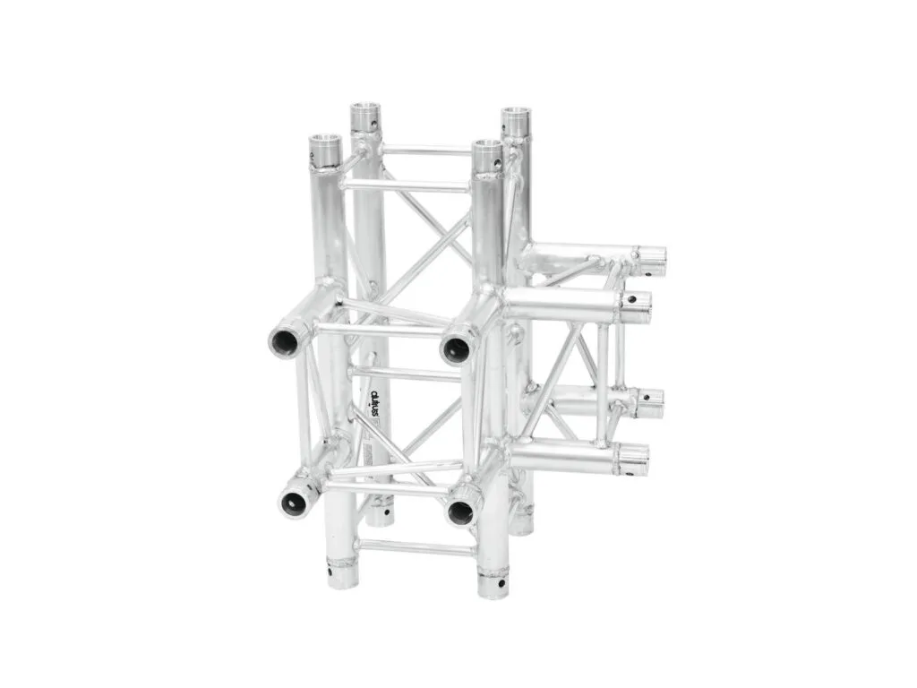 Aluminium-Buehnentraverse mit mehreren Verbindungspunkten für Licht- und Tonequipment.