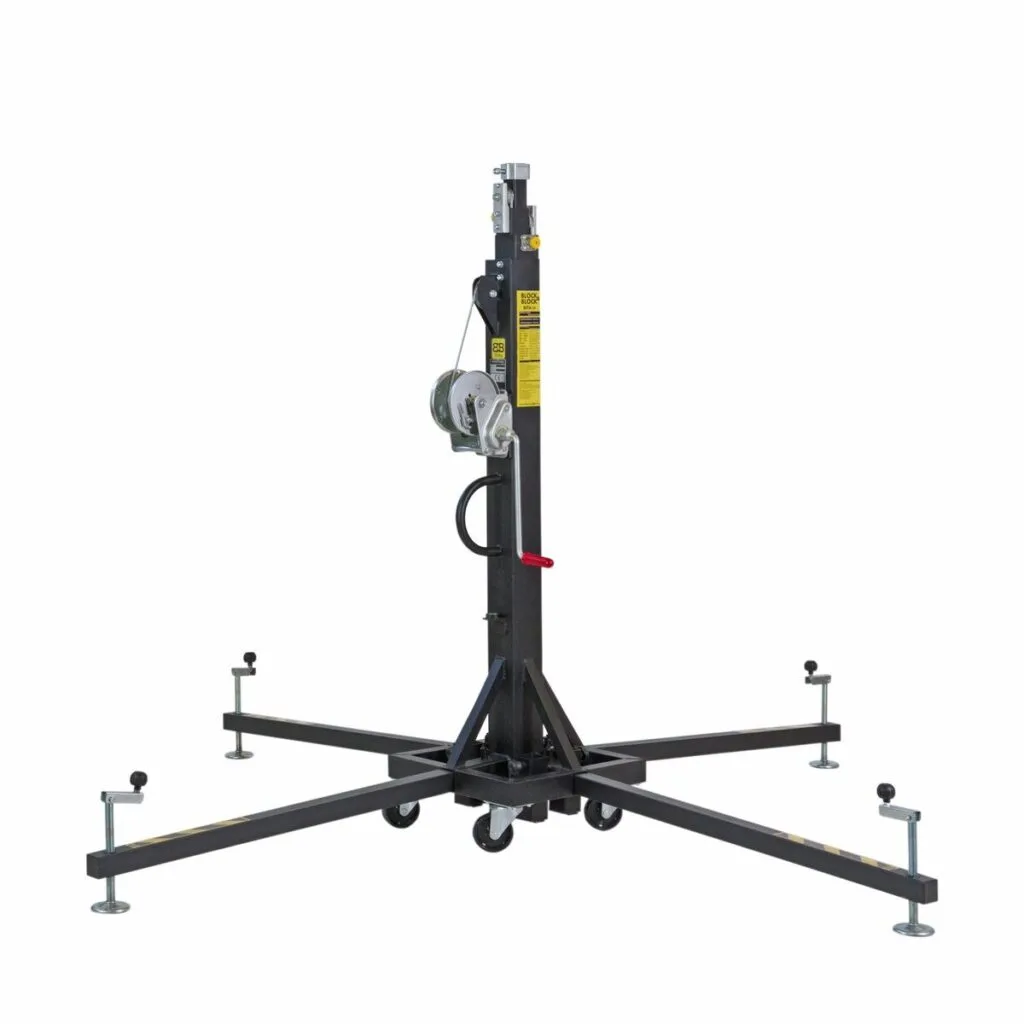 Lichtstativ mit Handkurbel und ausziehbaren Beinen für Bühnentechnik.